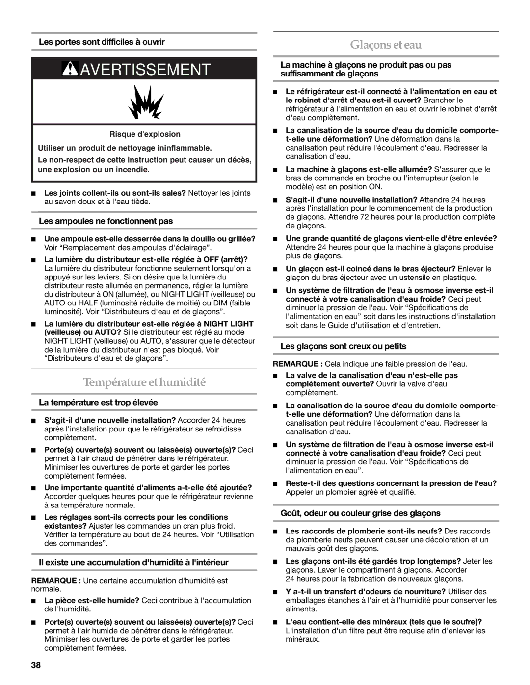 KitchenAid W10167098A, W10167112A installation instructions Température et humidité, Glaçons et eau 