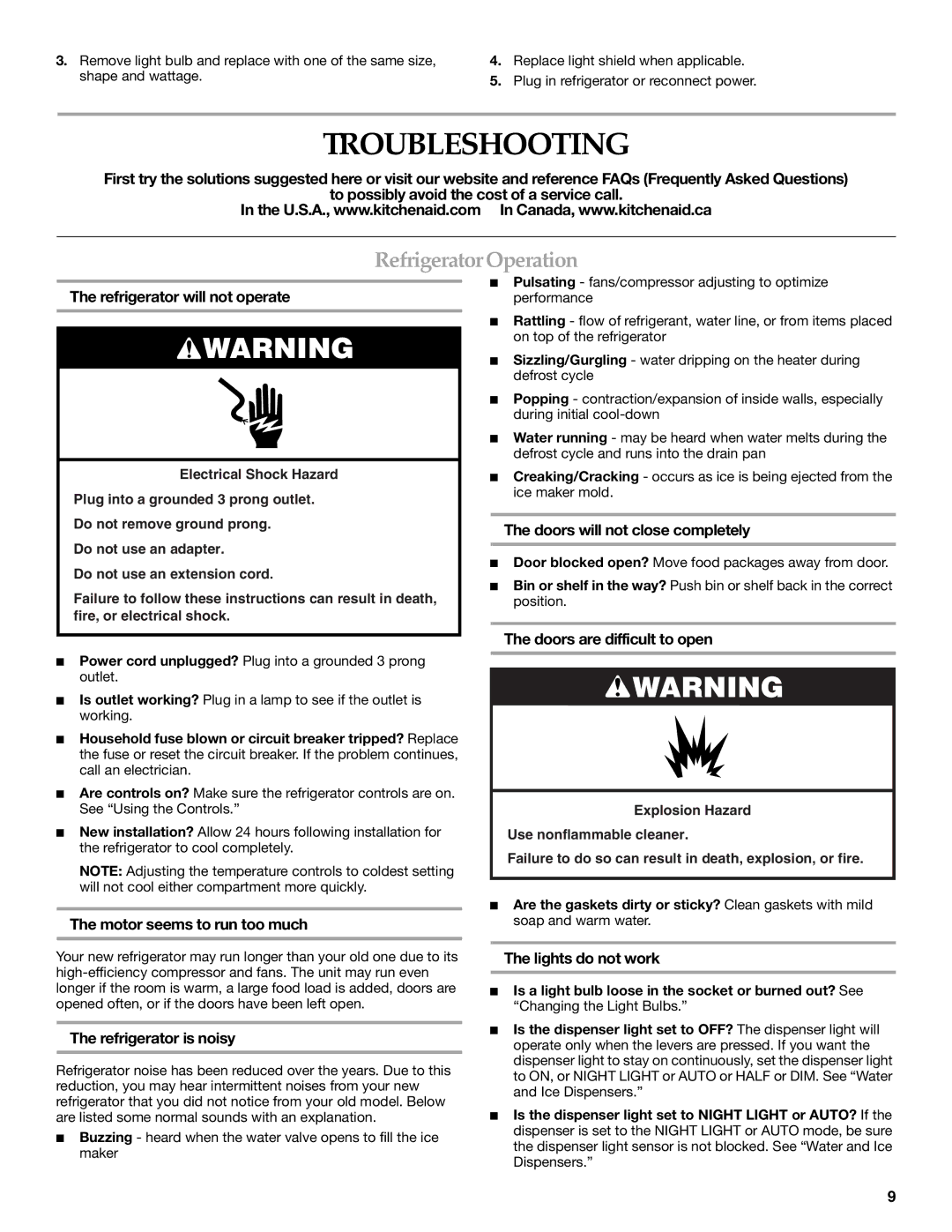 KitchenAid W10167112A, W10167098A installation instructions Troubleshooting, Refrigerator Operation 