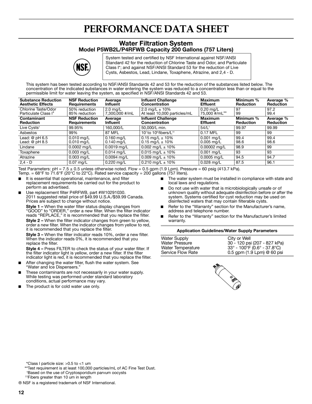 KitchenAid W10168322A warranty Performance Data Sheet, Water Filtration System 