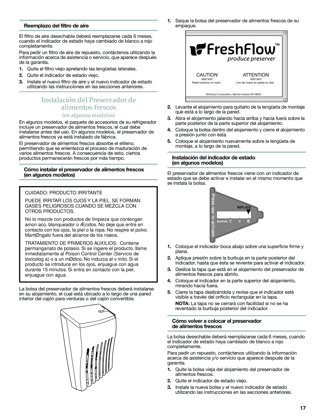 KitchenAid W10168322A warranty Instalación del Preservador de Alimentos frescos, Reemplazo del filtro de aire 