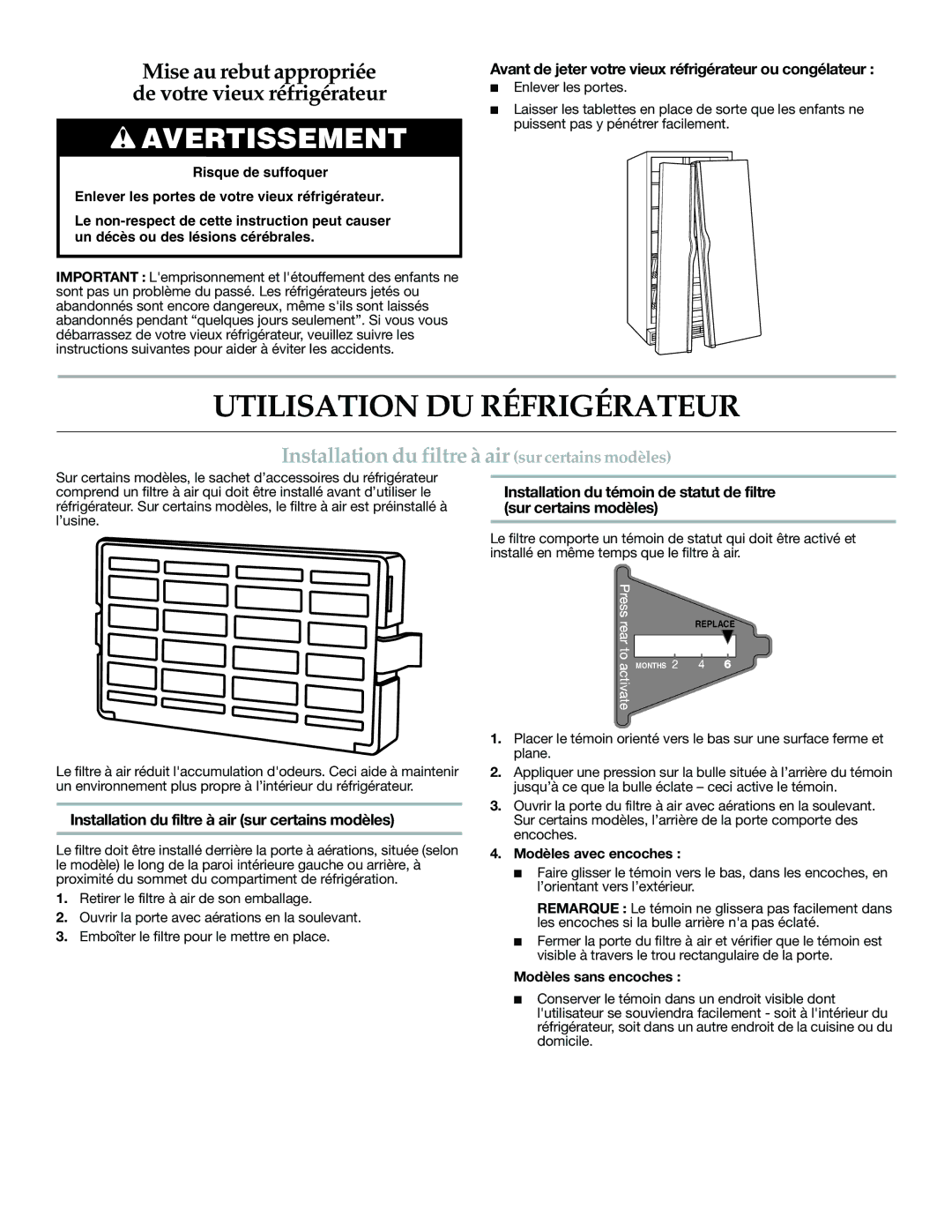 KitchenAid W10168322A warranty Utilisation DU Réfrigérateur, Installation du filtre à air sur certains modèles 