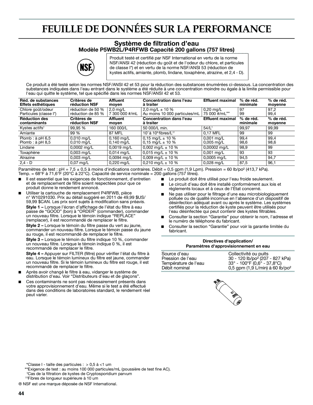 KitchenAid W10168322A warranty Feuille DE Données SUR LA Performance, Système de filtration d’eau 