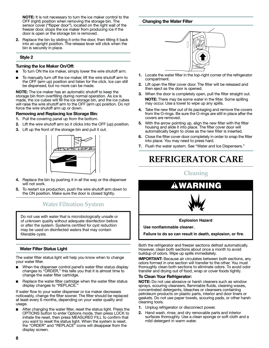 KitchenAid W10168322A warranty Refrigerator Care, Water Filtration System, Cleaning 