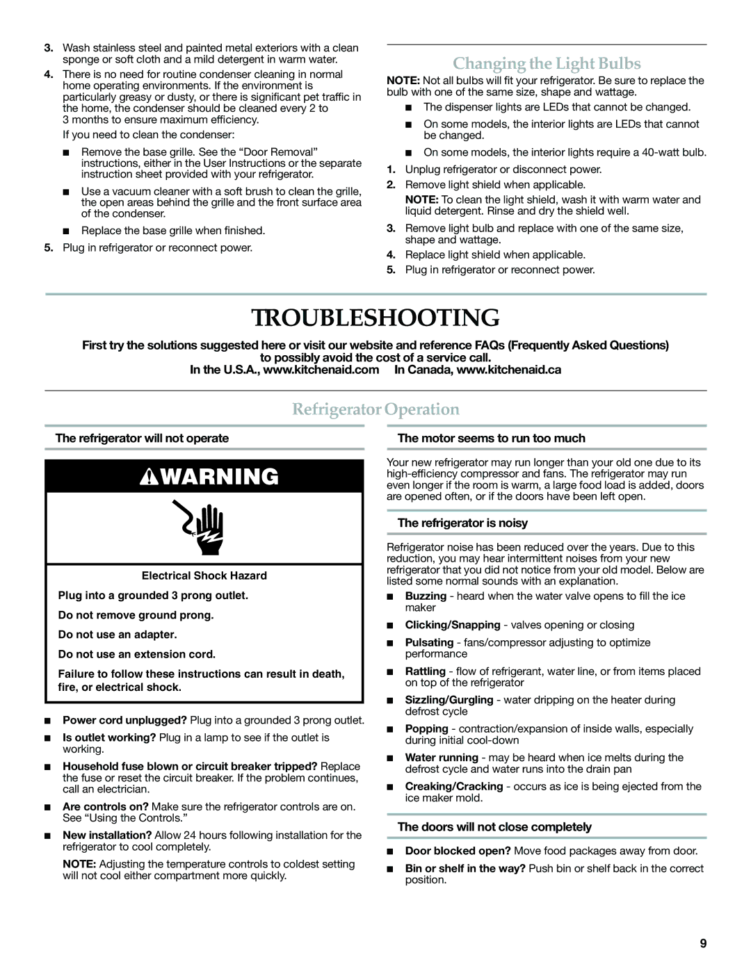 KitchenAid W10168322A warranty Troubleshooting, Changing the Light Bulbs, Refrigerator Operation 