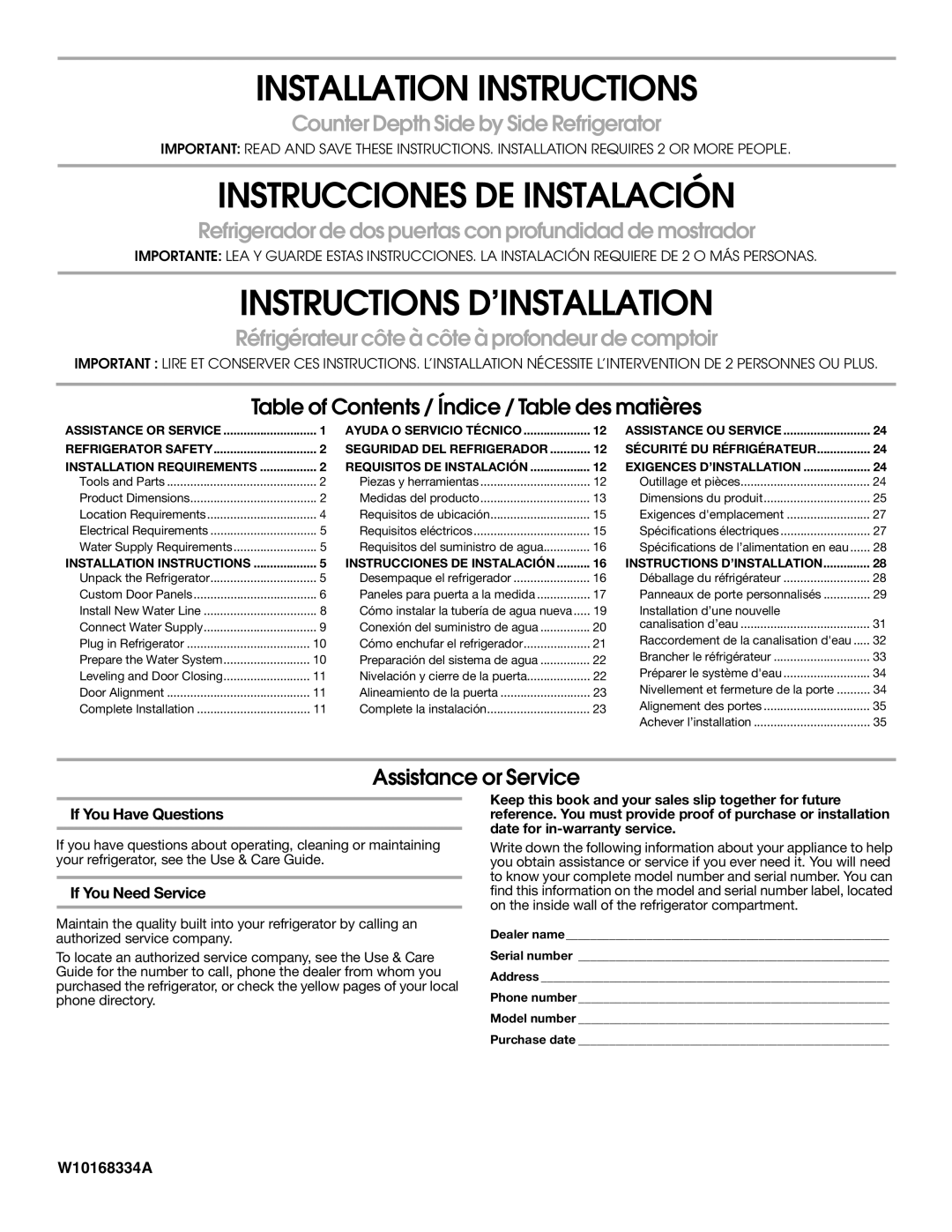 KitchenAid W10168334A installation instructions Counter Depth Side by Side Refrigerator 