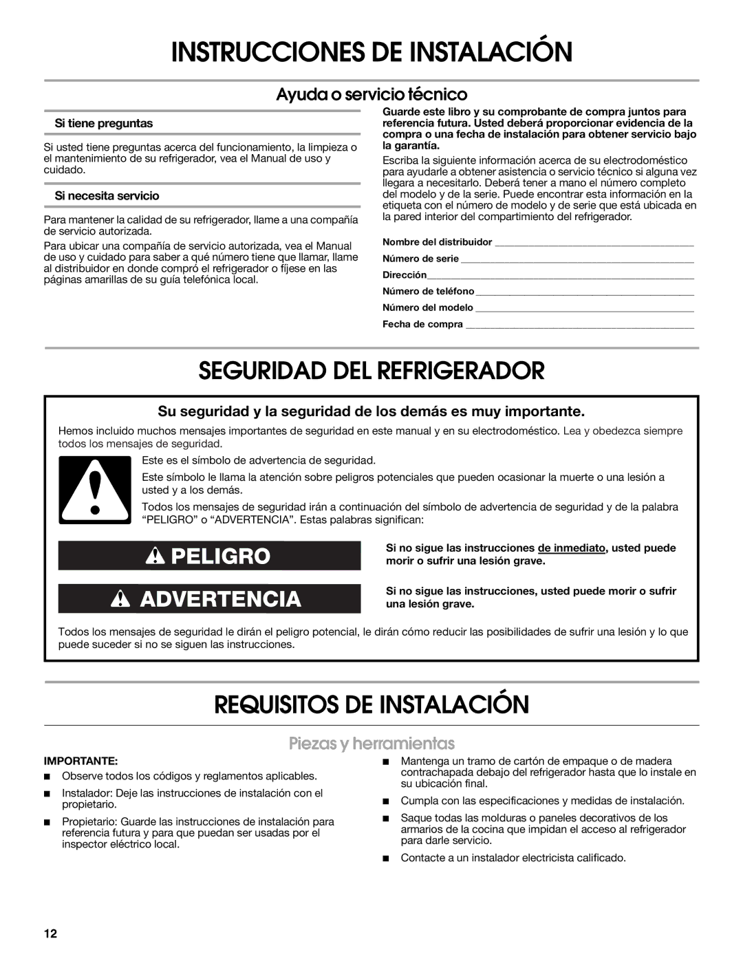 KitchenAid W10168334A installation instructions Piezas y herramientas, Si tiene preguntas, Si necesita servicio, Importante 