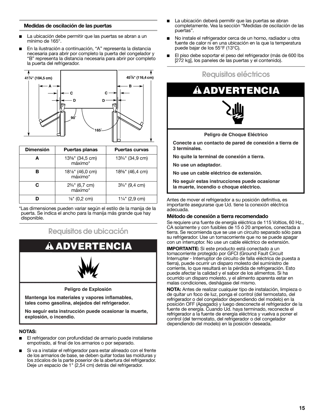 KitchenAid W10168334A Requisitos de ubicación, Requisitos eléctricos, Medidas de oscilación de las puertas, Notas 