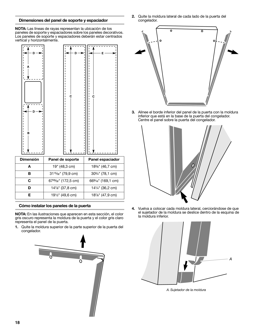 KitchenAid W10168334A Dimensiones del panel de soporte y espaciador, Cómo instalar los paneles de la puerta 