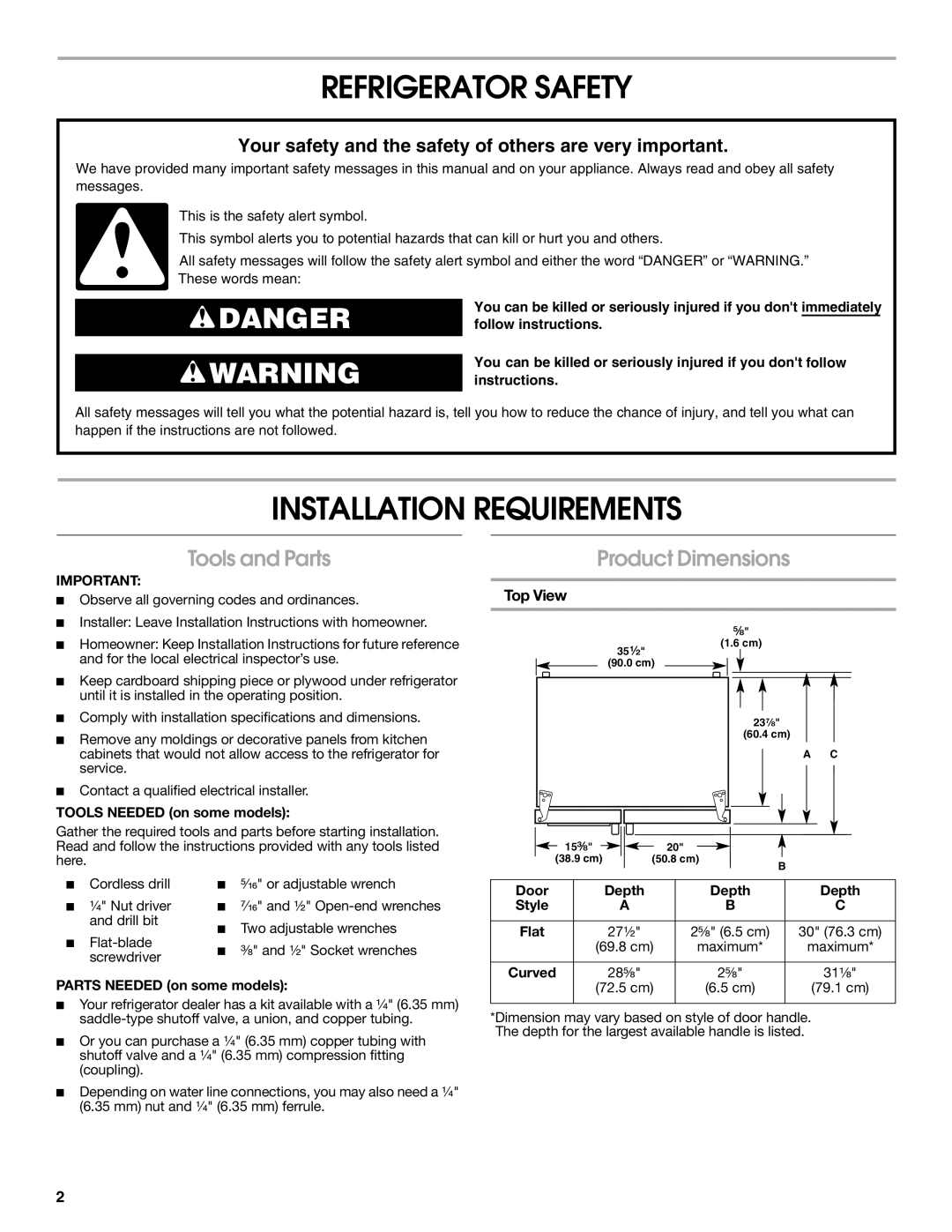 KitchenAid W10168334A installation instructions Tools and Parts Product Dimensions, Top View 