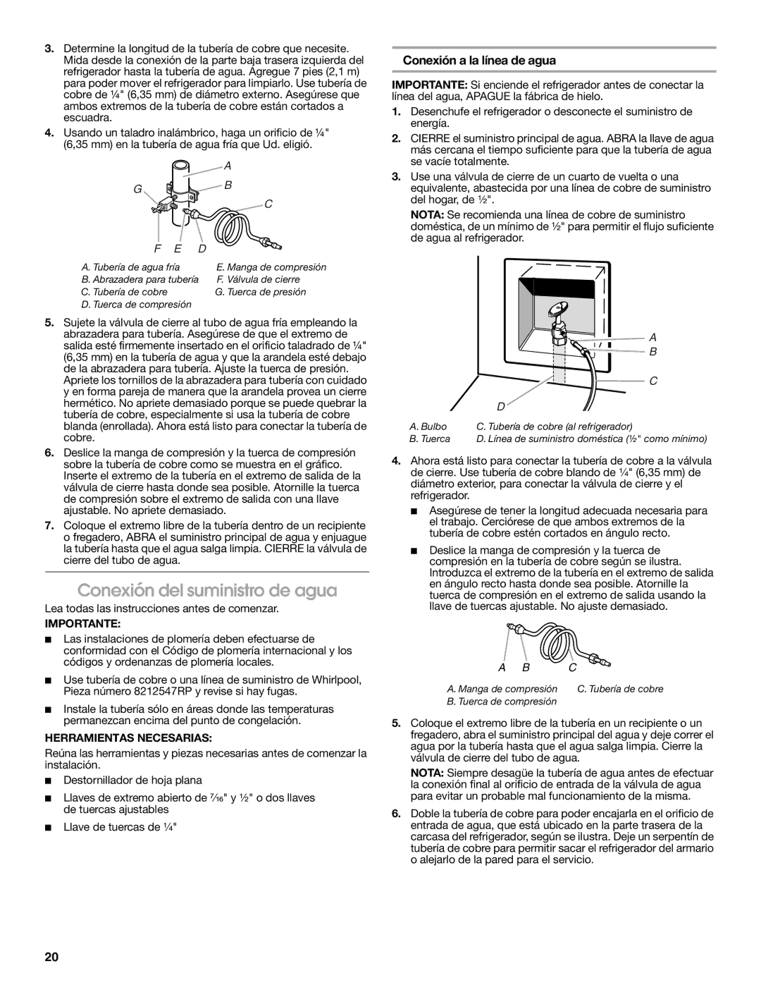 KitchenAid W10168334A installation instructions Conexión del suministro de agua, Conexión a la línea de agua 