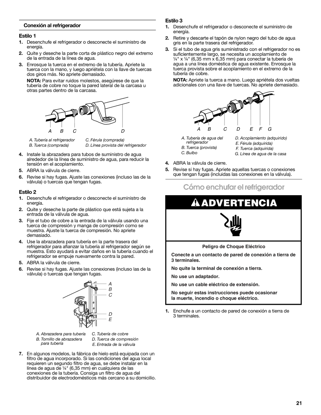 KitchenAid W10168334A installation instructions Cómo enchufar el refrigerador, Conexión al refrigerador Estilo 