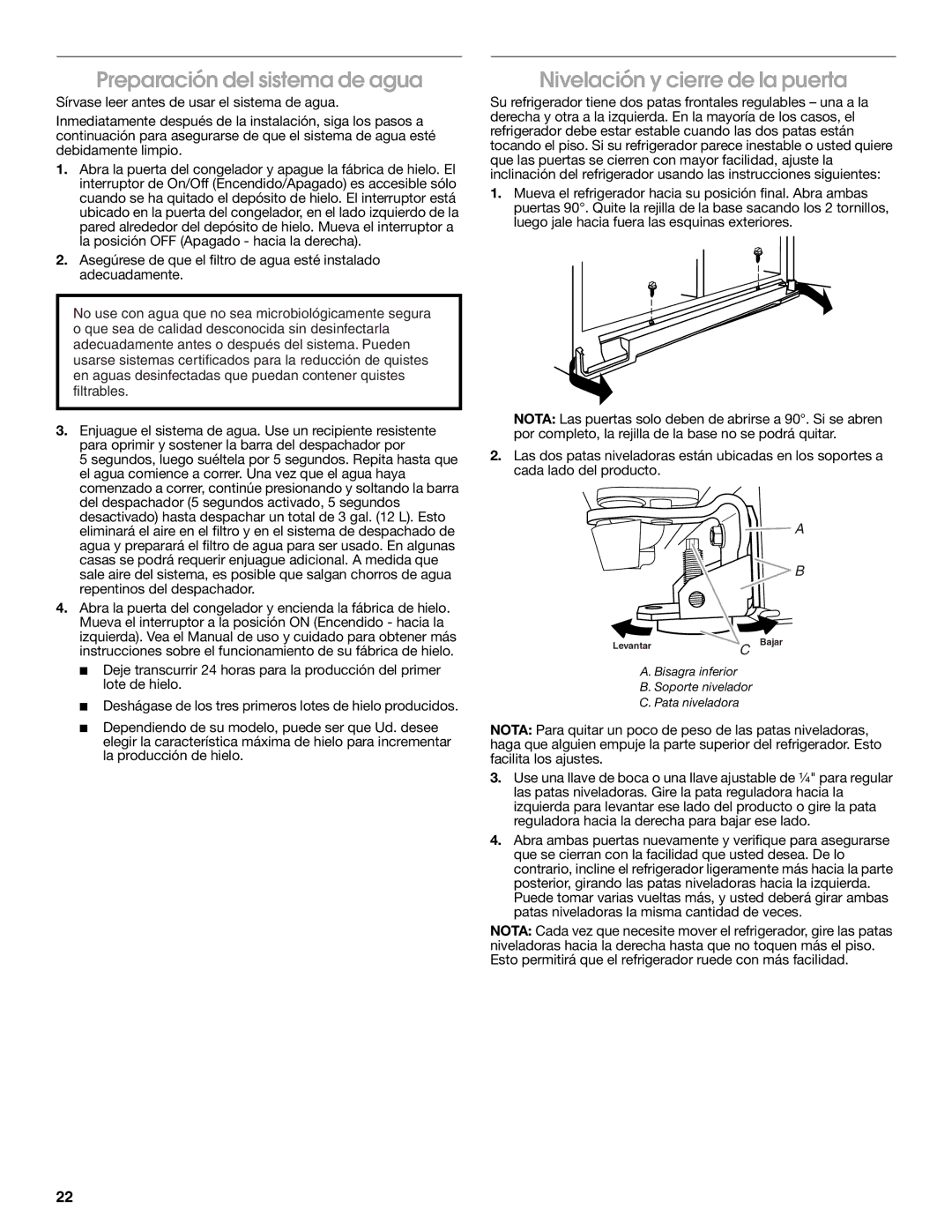 KitchenAid W10168334A installation instructions Preparación del sistema de agua, Nivelación y cierre de la puerta 