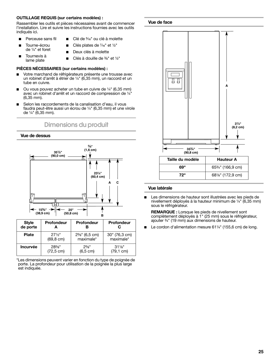 KitchenAid W10168334A installation instructions Dimensions du produit, Vue de face, Vue de dessus, Vue latérale 