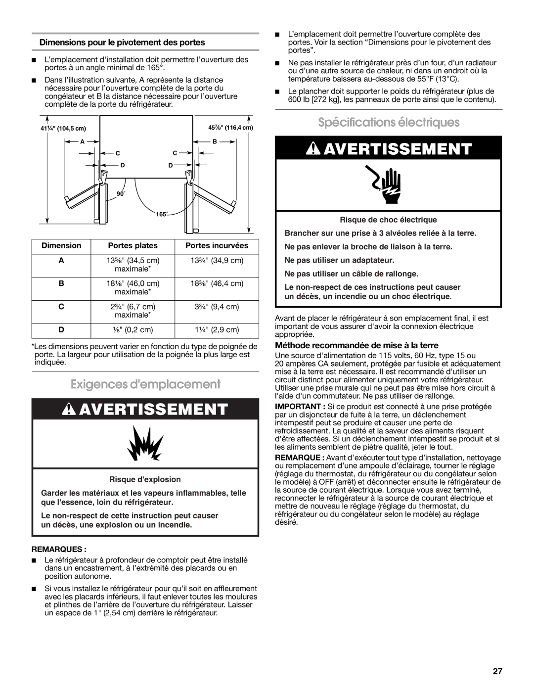 KitchenAid W10168334A Exigences demplacement, Spécifications électriques, Dimensions pour le pivotement des portes 