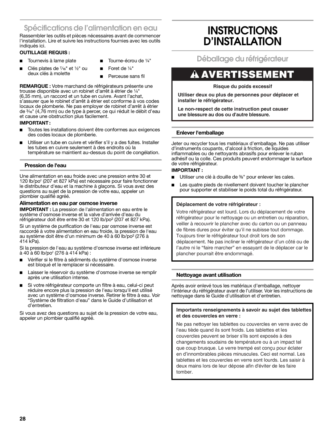 KitchenAid W10168334A installation instructions Spécifications de l’alimentation en eau, Déballage du réfrigérateur 