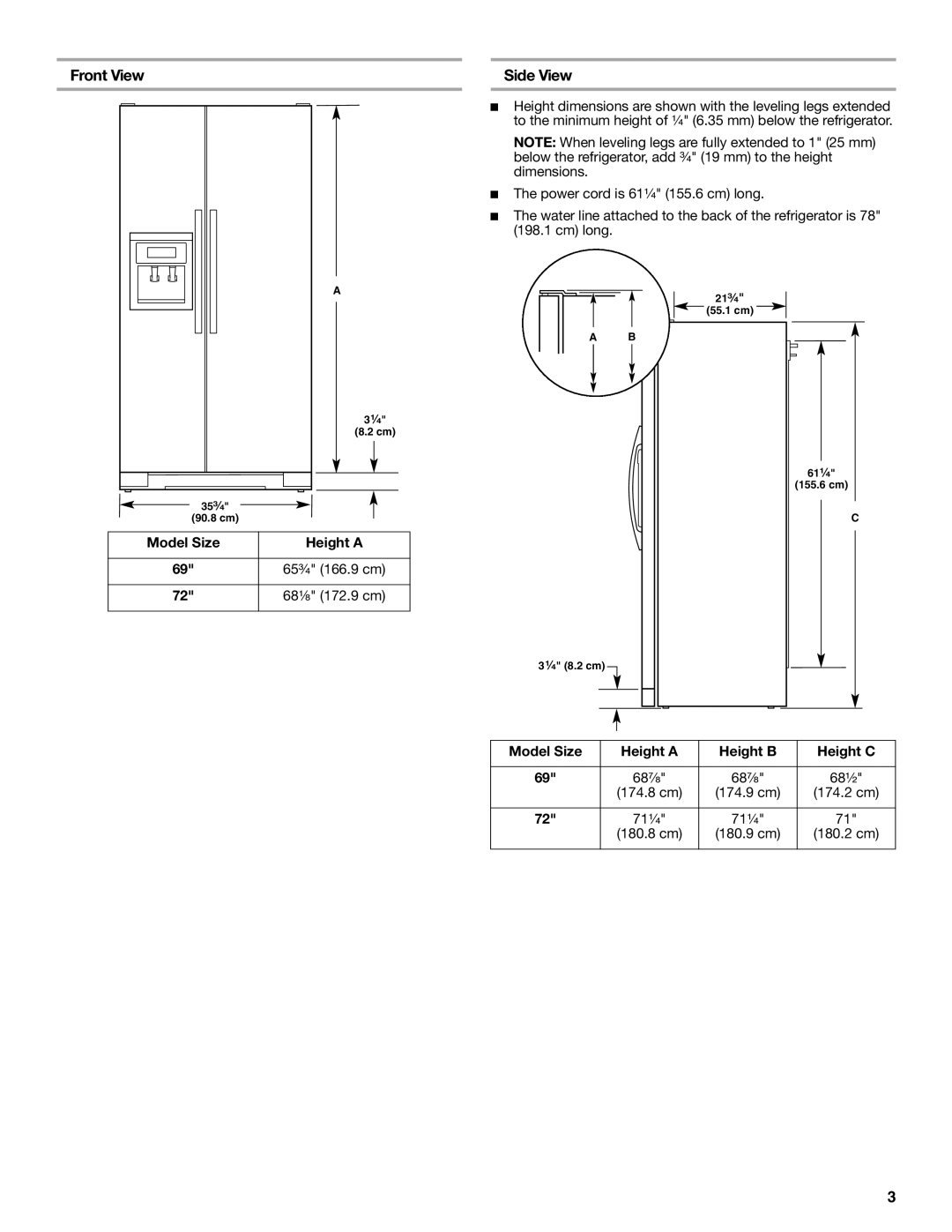 KitchenAid W10168334A installation instructions Front View Side View, Model Size Height a 65³⁄₄ 166.9 cm 68¹⁄₈ 172.9 cm 