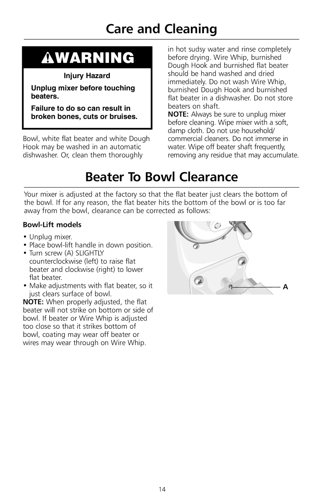 KitchenAid KSM8990OB, W10171783A, KSMc50, KSM8990WH, KSM8990ER Care and Cleaning, Beater To Bowl Clearance, Bowl-Lift models 