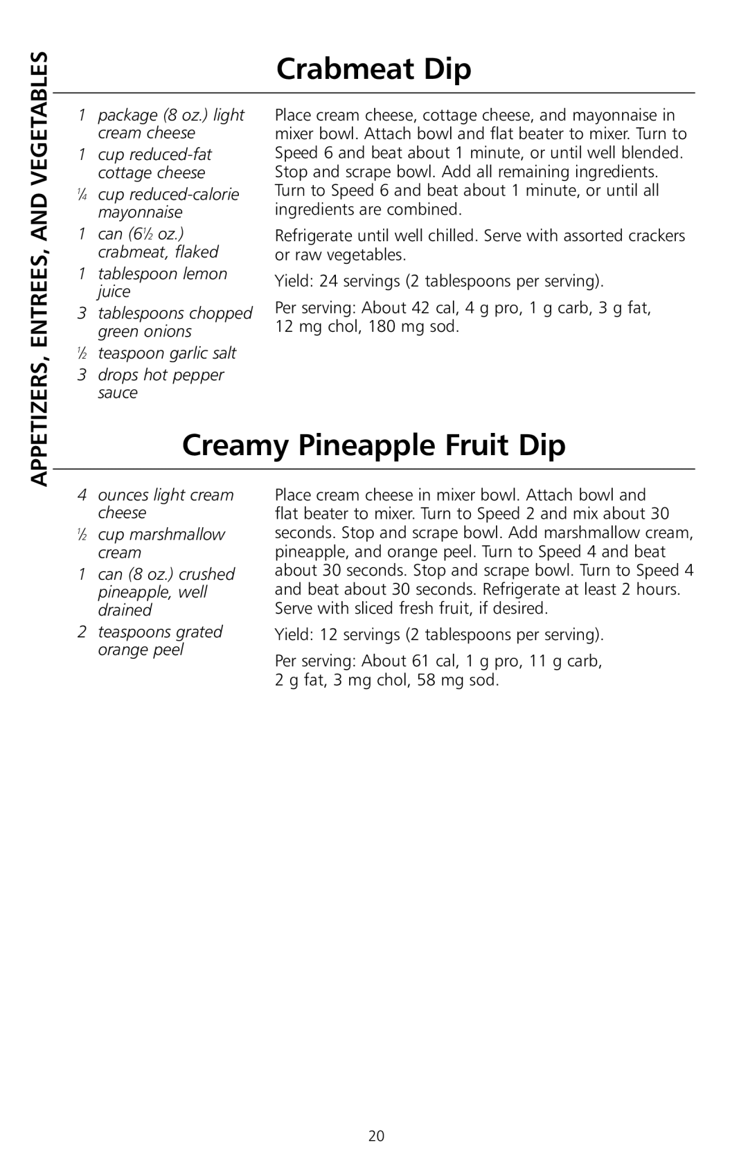 KitchenAid KSM8990OB, W10171783A, KSMc50, KSM8990WH manual Crabmeat Dip, Creamy Pineapple Fruit Dip, Tablespoon lemon juice 