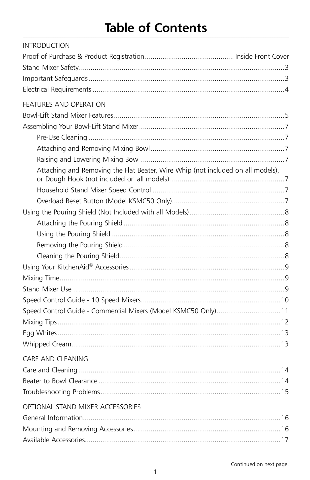 KitchenAid KSM8990ER, W10171783A, KSMc50, KSM8990WH, KSM8990OB, 6397dZw608 manual Table of Contents 