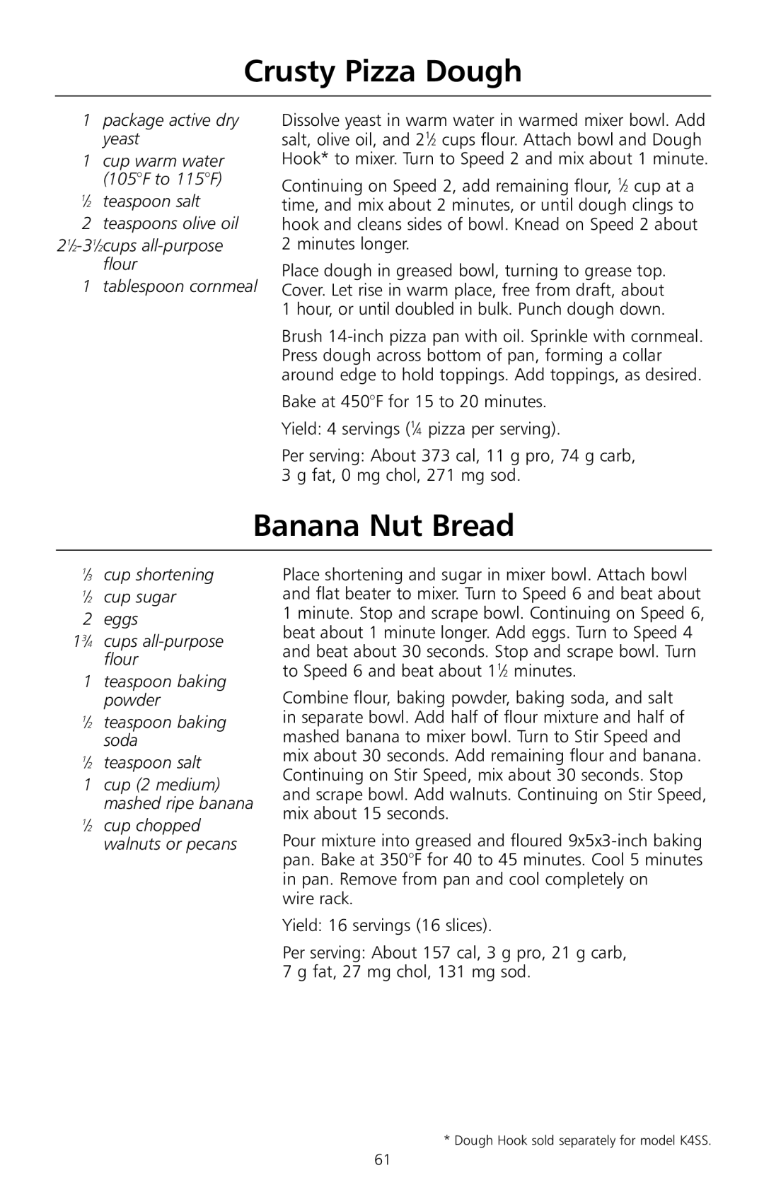 KitchenAid KSM8990ER Crusty Pizza Dough, Banana Nut Bread, Package active dry yeast, ⁄2 teaspoon salt Teaspoons olive oil 