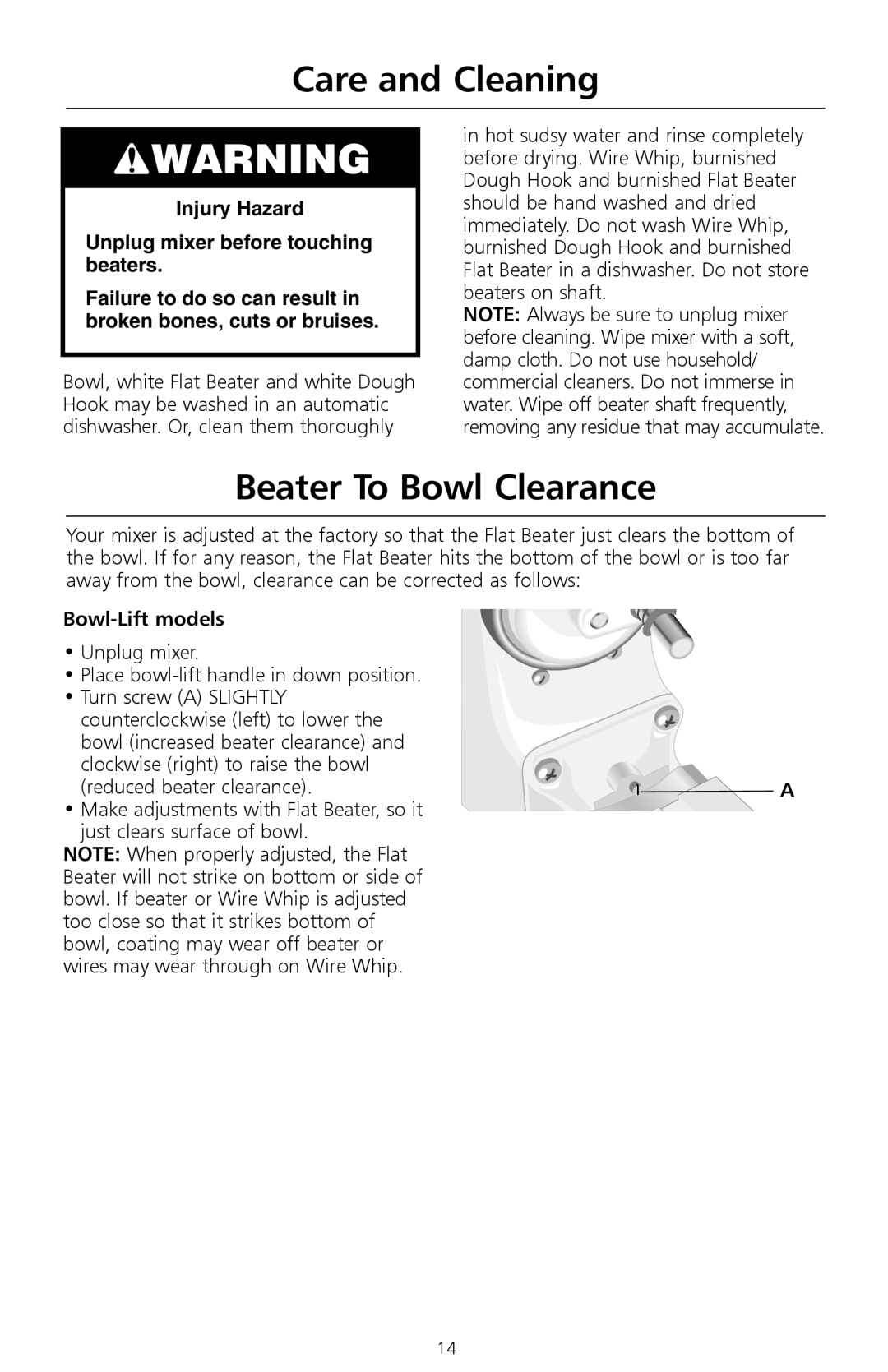 KitchenAid W10171783D manual Care and Cleaning, Beater To Bowl Clearance, Bowl-Lift models 