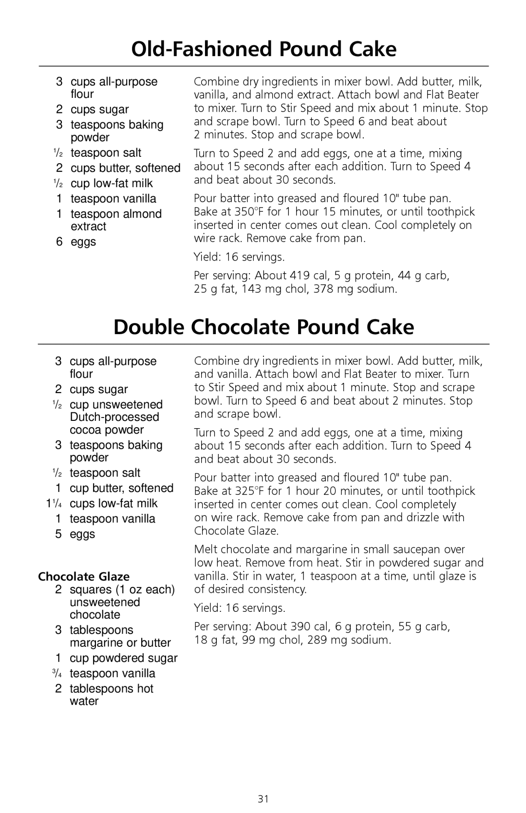 KitchenAid W10171783D manual Old-Fashioned Pound Cake, Double Chocolate Pound Cake, Chocolate Glaze 