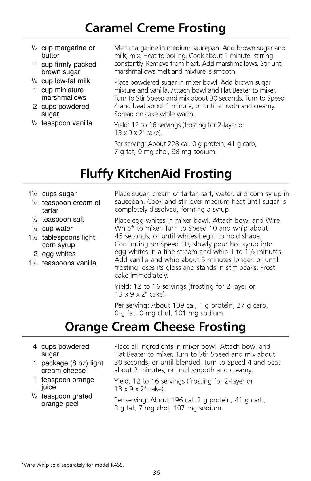 KitchenAid W10171783D manual Caramel Creme Frosting, Fluffy KitchenAid Frosting, Orange Cream Cheese Frosting 