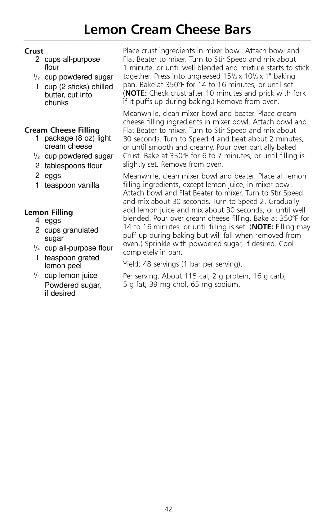 KitchenAid W10171783D manual Lemon Cream Cheese Bars, Crust, Cream Cheese Filling, Lemon Filling 