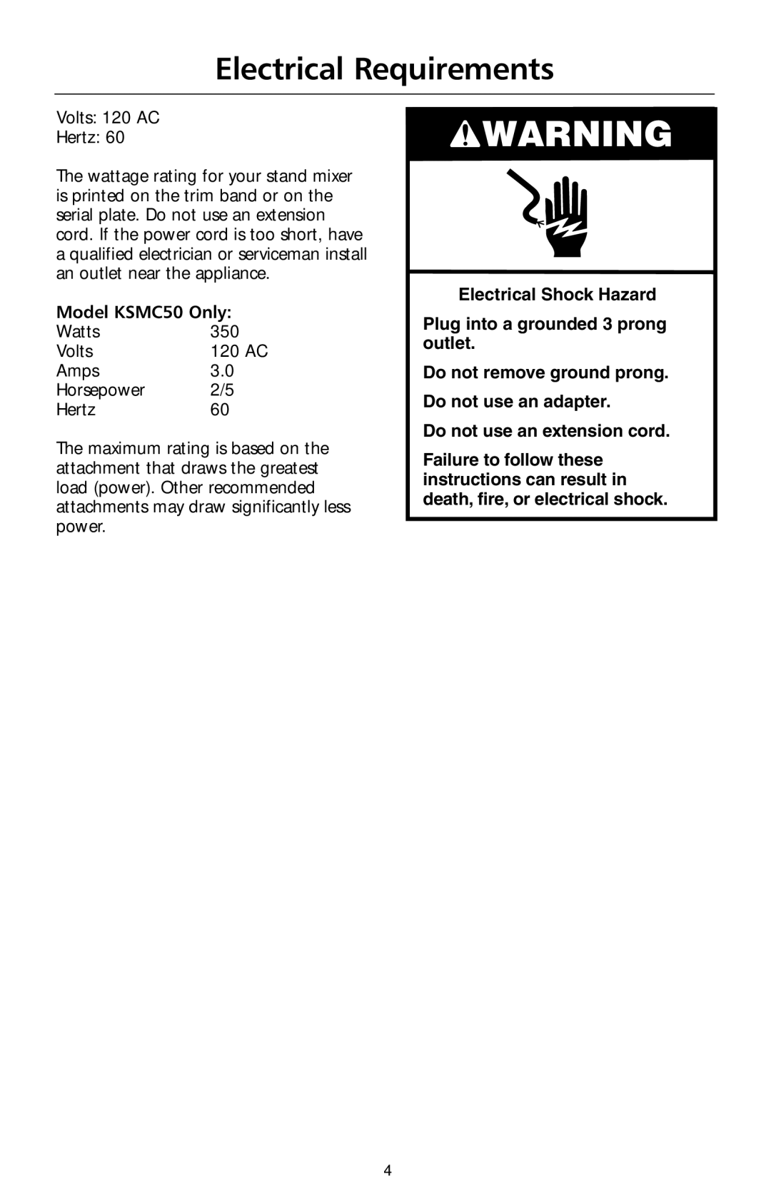 KitchenAid W10171783D manual Electrical Requirements, Model KSMC50 Only, Watts 350 Volts 