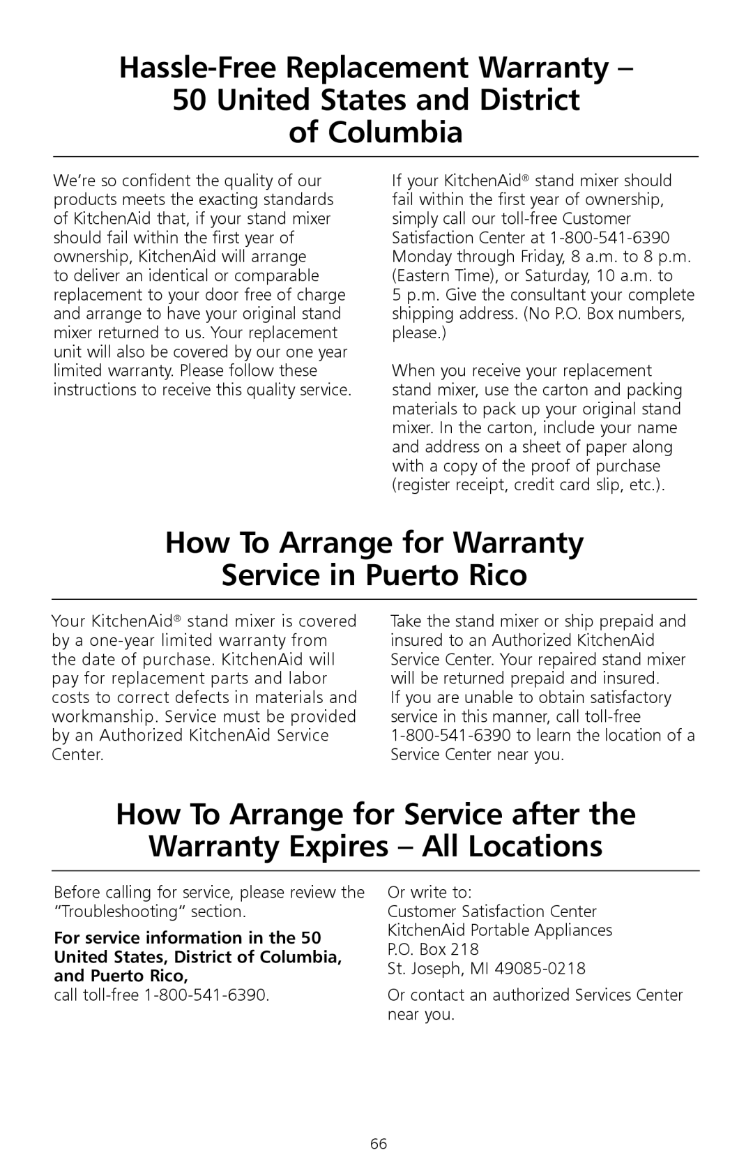 KitchenAid W10171783D manual How To Arrange for Warranty Service in Puerto Rico 