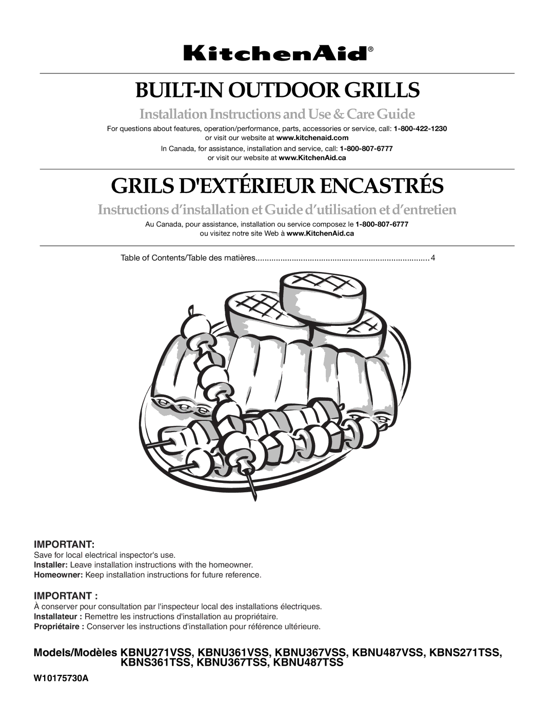 KitchenAid KBNU271VSS, W10175730A, KBNU367TSS, KBNU361VSS, KBNU367VSS installation instructions BUILT-IN Outdoor Grills 