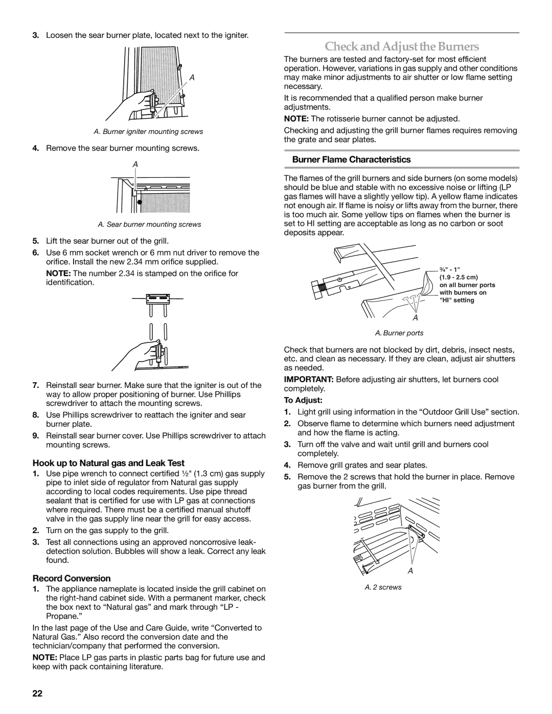 KitchenAid KBNU487TSS Check and Adjust the Burners, Hook up to Natural gas and Leak Test, Burner Flame Characteristics 