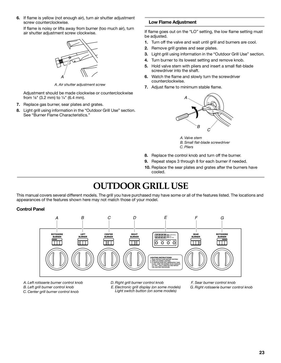 KitchenAid KBNS271TSS, W10175730A, KBNU271VSS, KBNU367TSS, KBNU361VSS Outdoor Grill USE, Low Flame Adjustment, Control Panel 