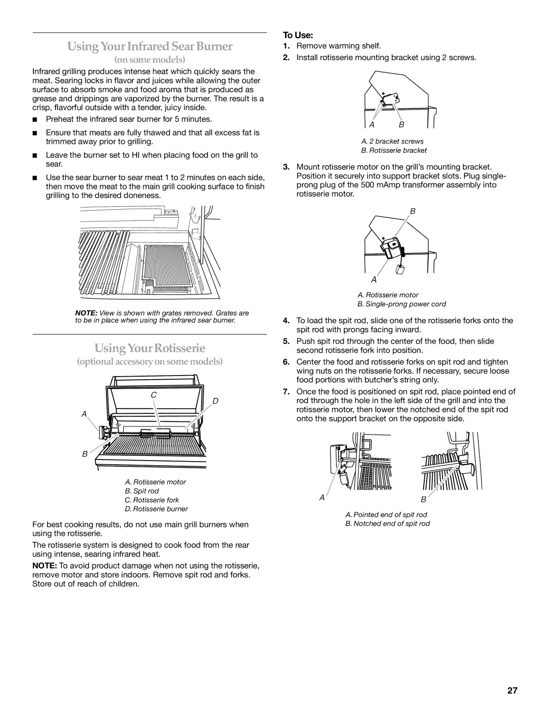 KitchenAid KBNU361VSS, W10175730A, KBNU271VSS, KBNU367TSS Using Your Infrared Sear Burner, Using Your Rotisserie, To Use 