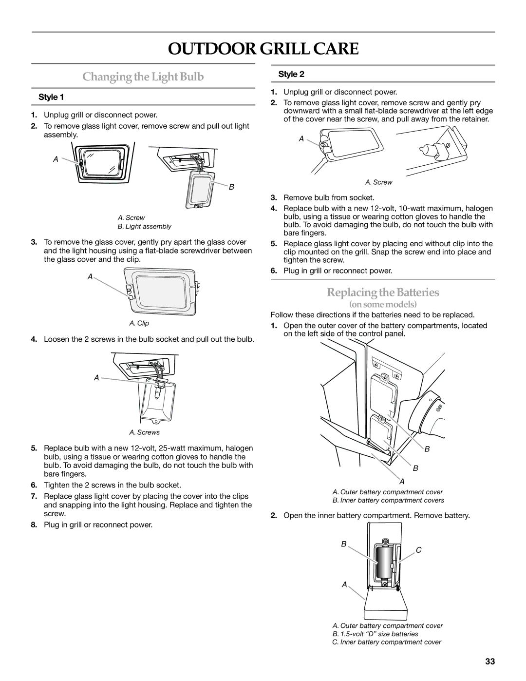 KitchenAid KBNU271VSS, W10175730A, KBNU367TSS Outdoor Grill Care, Changing the Light Bulb, Replacing the Batteries, Style 