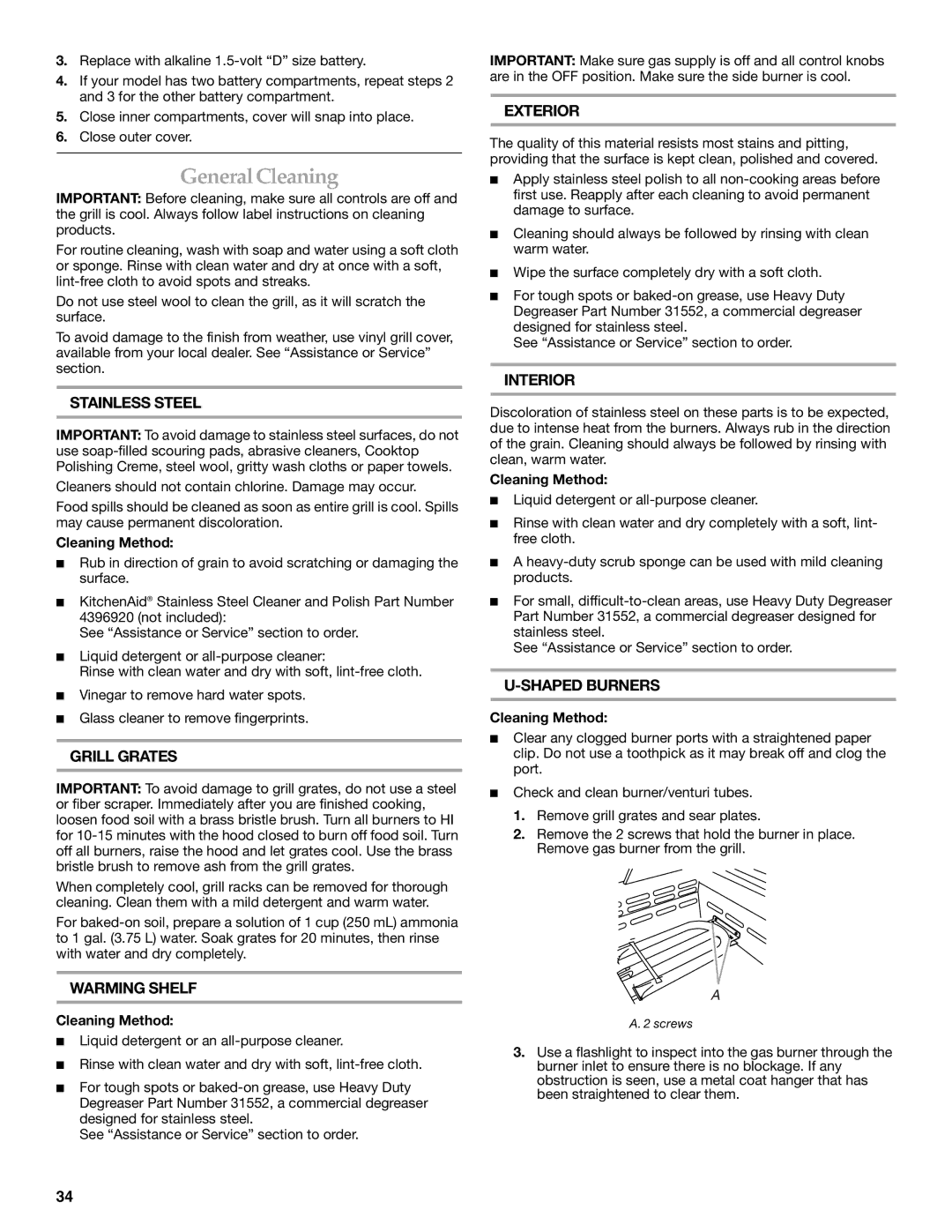 KitchenAid KBNU367TSS, W10175730A, KBNU271VSS, KBNU361VSS, KBNU367VSS, KBNU487VSS, KBNU487TSS GeneralCleaning, Cleaning Method 