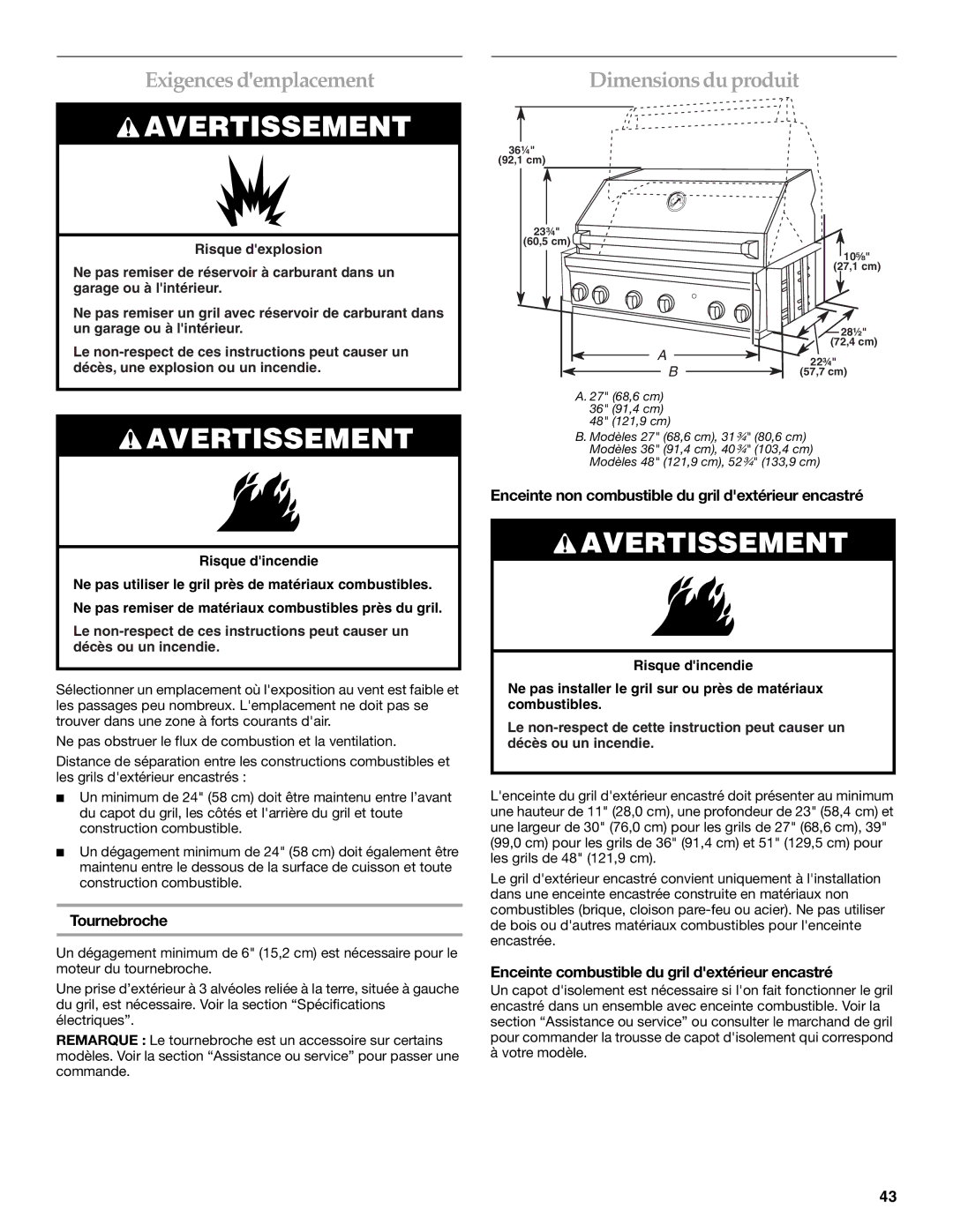 KitchenAid KBNU361VSS, W10175730A, KBNU271VSS, KBNU367TSS Exigences demplacement, Dimensions du produit, Tournebroche 