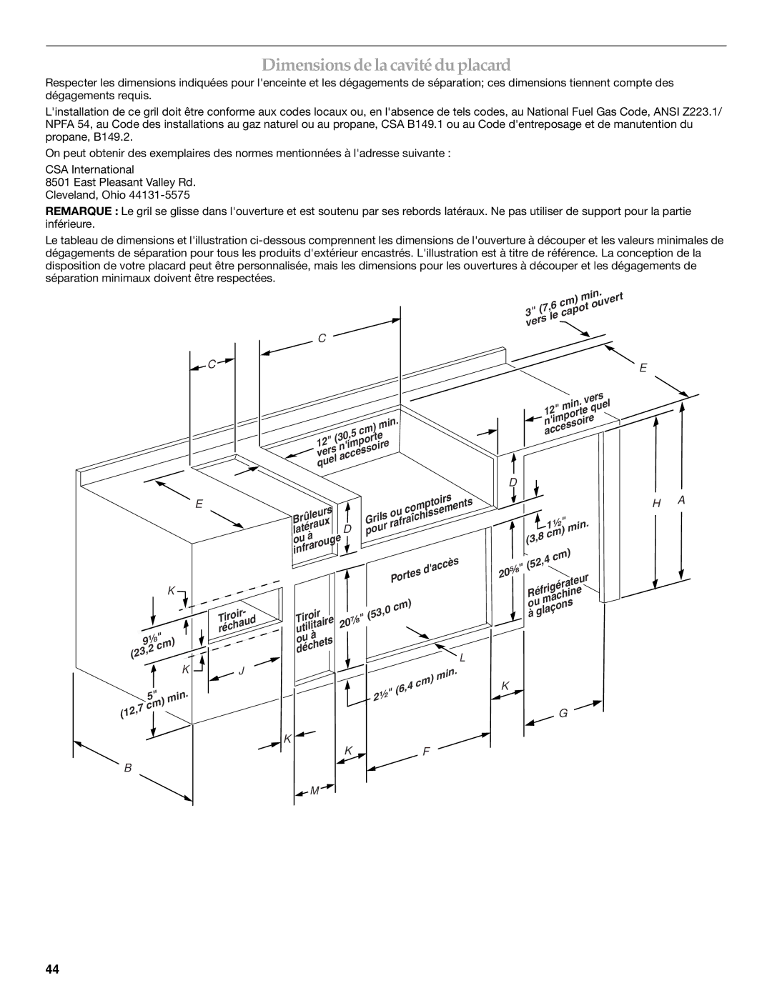 KitchenAid KBNU367VSS, W10175730A, KBNU271VSS, KBNU367TSS, KBNU361VSS, KBNU487VSS Dimensions de la cavité du placard 