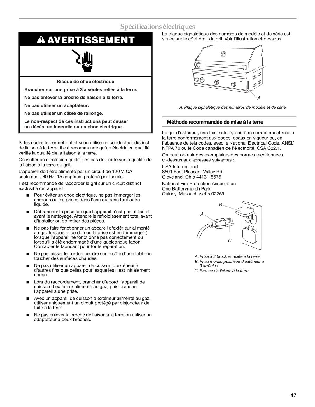 KitchenAid KBNS271TSS, W10175730A, KBNU271VSS, KBNU367TSS Spécifications électriques, Méthode recommandée de mise à la terre 