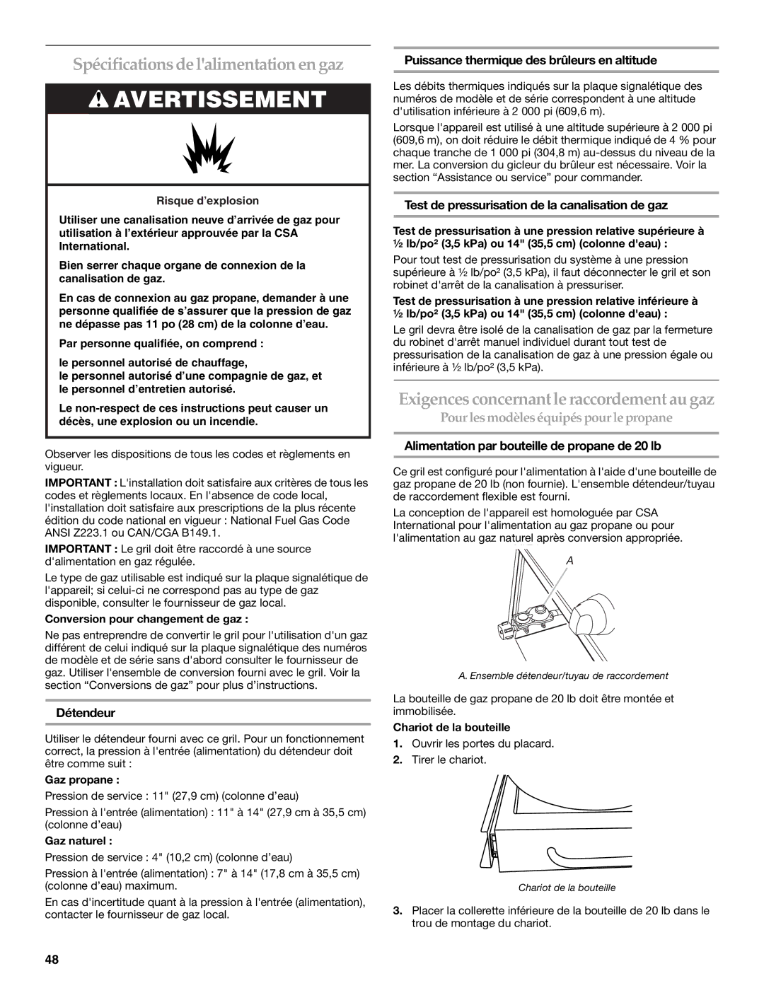 KitchenAid W10175730A, KBNU271VSS Spécifications de lalimentation en gaz, Exigences concernant le raccordement au gaz 