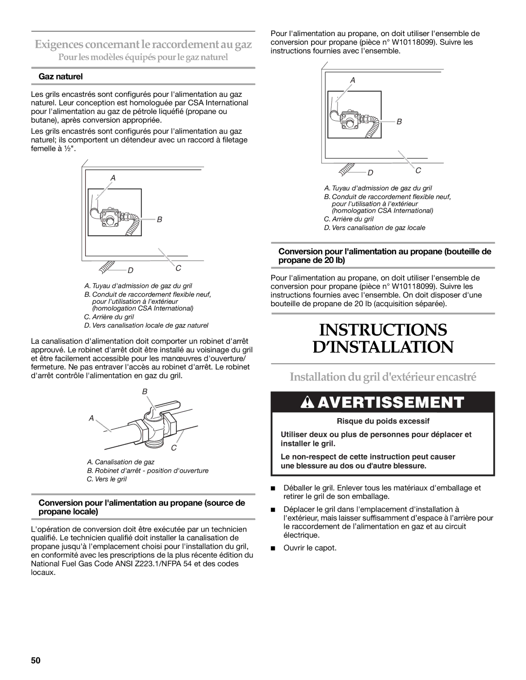 KitchenAid KBNU367TSS, W10175730A Instructions ’INSTALLATION, Installation du gril dextérieur encastré, Gaz naturel 