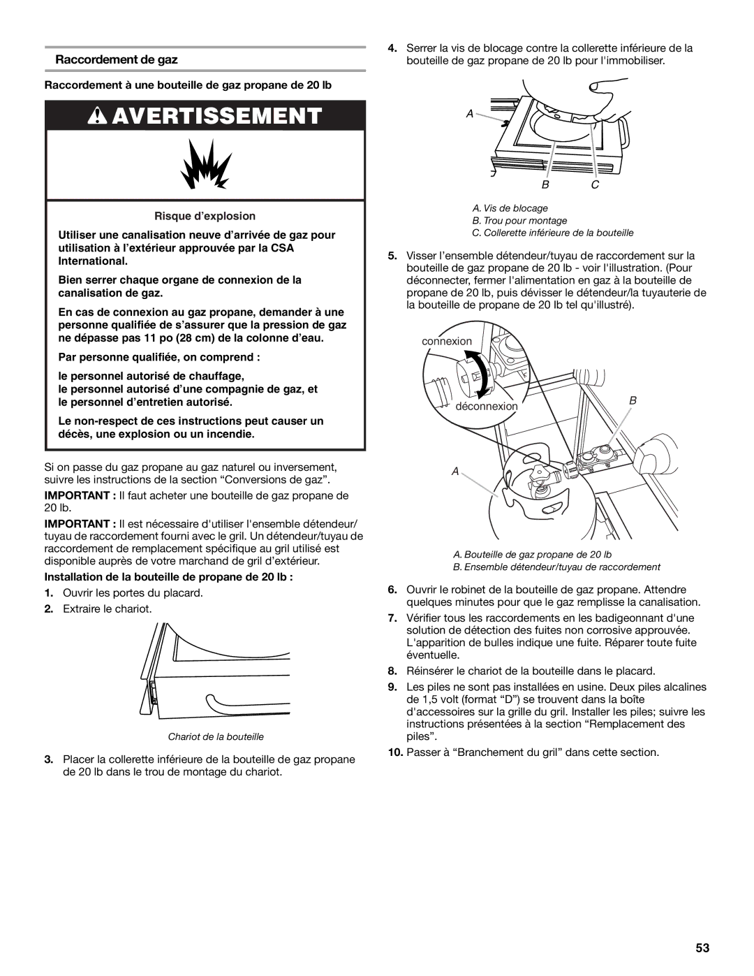 KitchenAid KBNU487VSS, W10175730A, KBNU271VSS Raccordement de gaz, Raccordement à une bouteille de gaz propane de 20 lb 