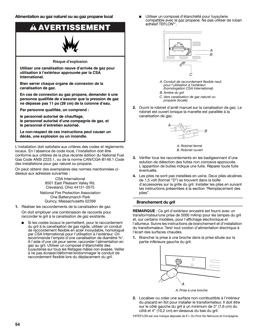 KitchenAid KBNU487TSS Alimentation au gaz naturel ou au gaz propane local, Branchement du gril, Prise à une broche 