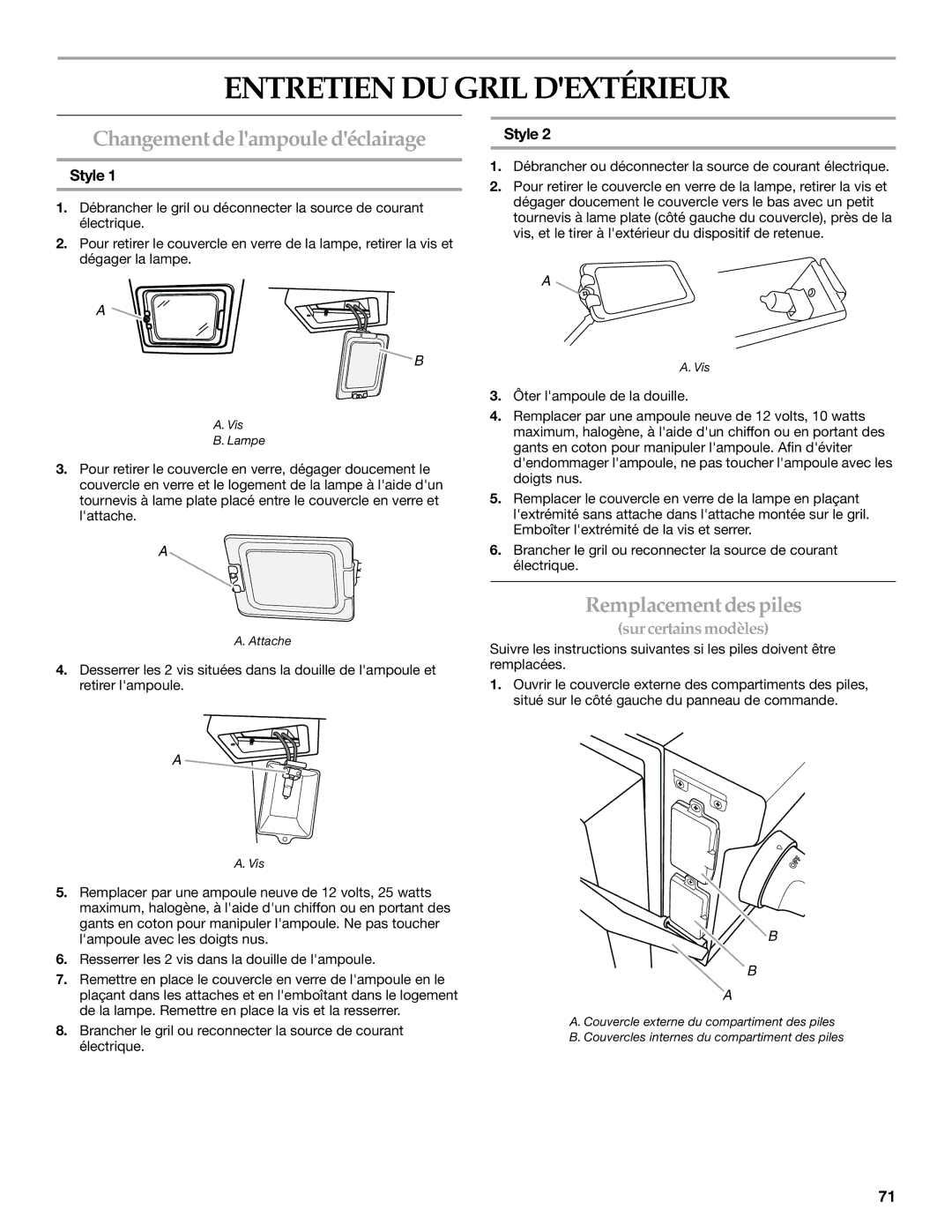 KitchenAid KBNS271TSS Entretien DU Gril Dextérieur, Changement de lampoule déclairage, Remplacement des piles, Vis Lampe 