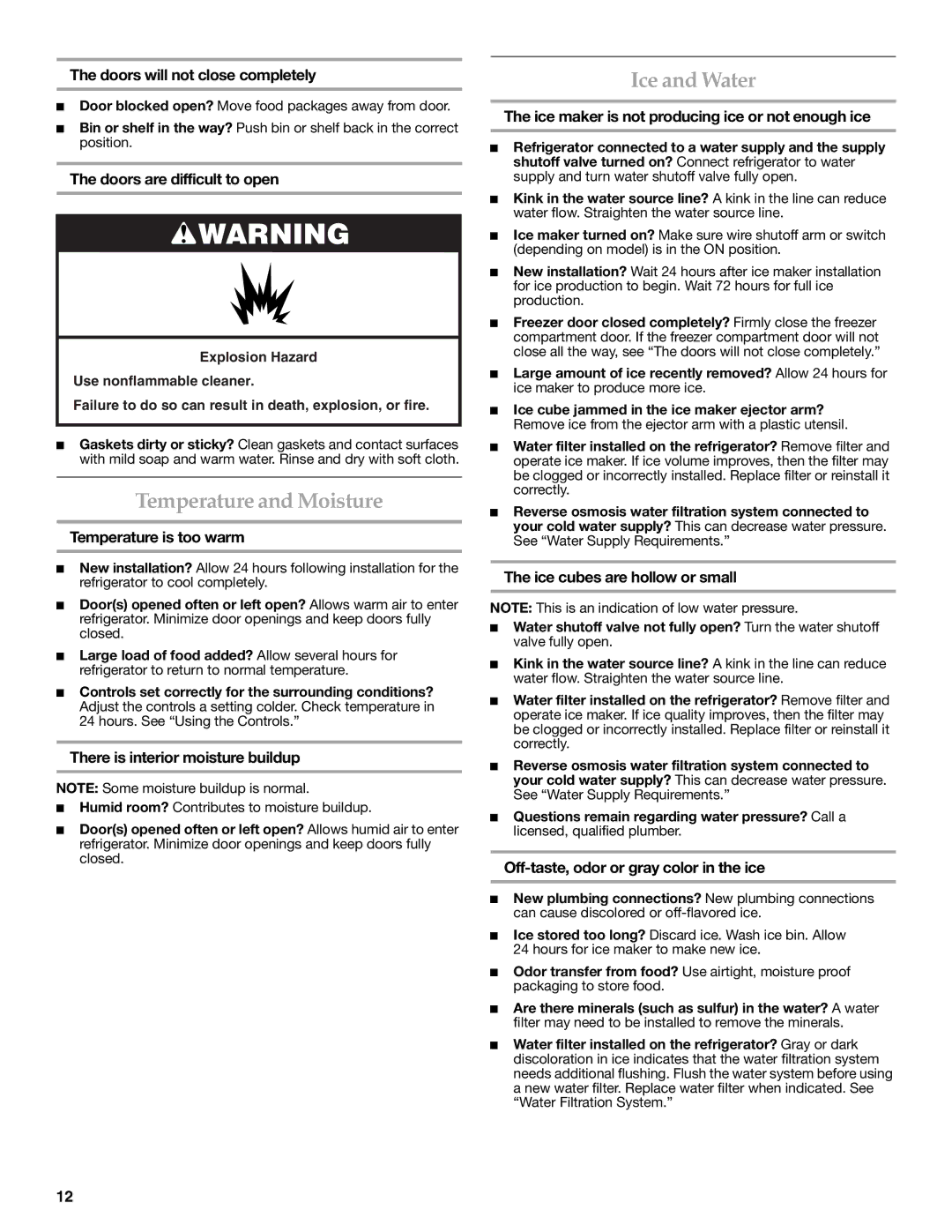 KitchenAid W10183203A installation instructions Temperature and Moisture, Ice and Water 