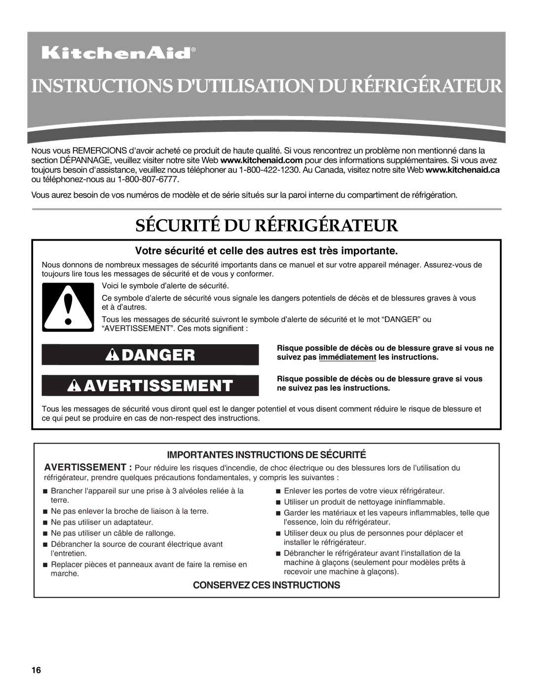 KitchenAid W10183203A installation instructions Instructions Dutilisation DU Réfrigérateur, Sécurité DU Réfrigérateur 