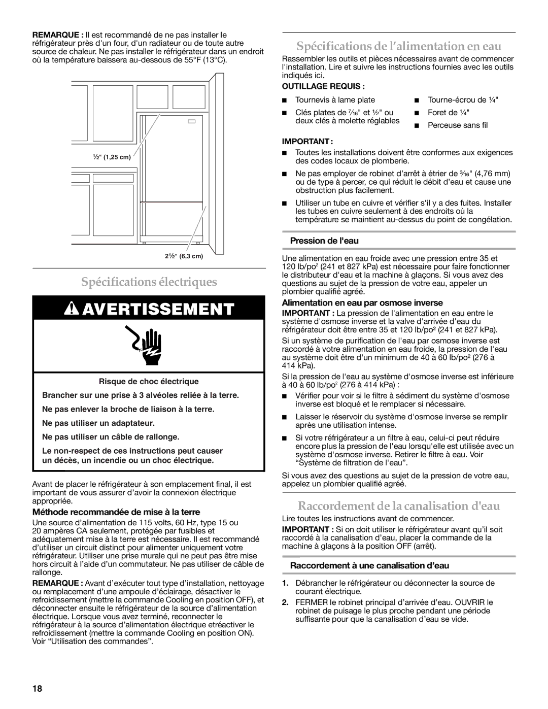 KitchenAid W10183203A installation instructions Spécifications électriques, Spécifications de l’alimentation en eau 