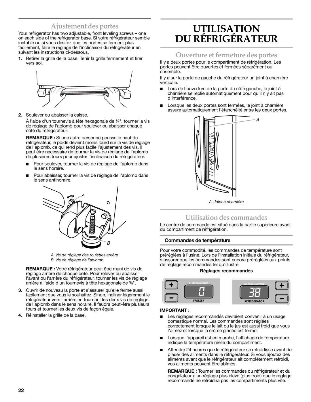 KitchenAid W10183203A Utilisation DU Réfrigérateur, Ajustement des portes, Ouverture et fermeture des portes 