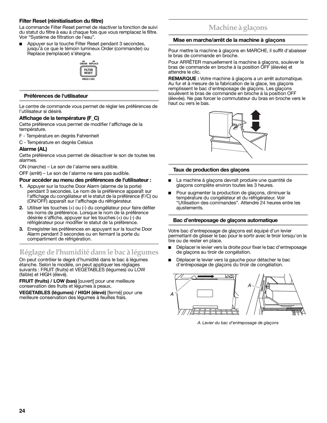 KitchenAid W10183203A installation instructions Réglage de lhumidité dans le bac à légumes, Machine à glaçons 