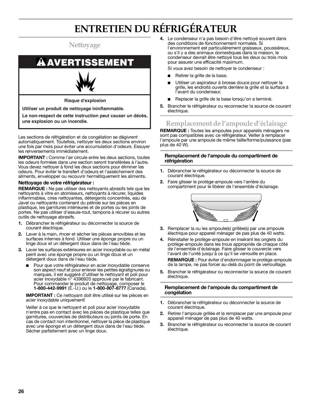 KitchenAid W10183203A Entretien DU Réfrigérateur, Nettoyage, Remplacement de l’ampoule d’éclairage 